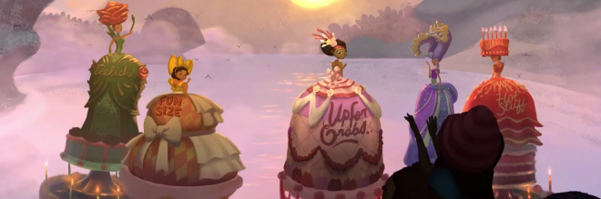 A screenshot of several young women in cake-like dresses from the game Broken Age