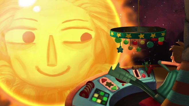 A young man reclines in a chair with a console that looks like a preschool toy, while a glowing sun with the face of a woman looks at the young man